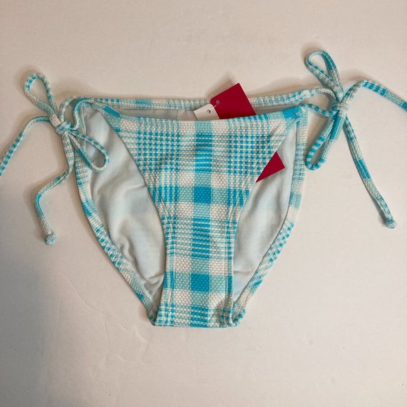 Xhilaration Other - Xhilaration String Bikini Bottom Cheeky Swim Turquoise White Plaid Side Ties